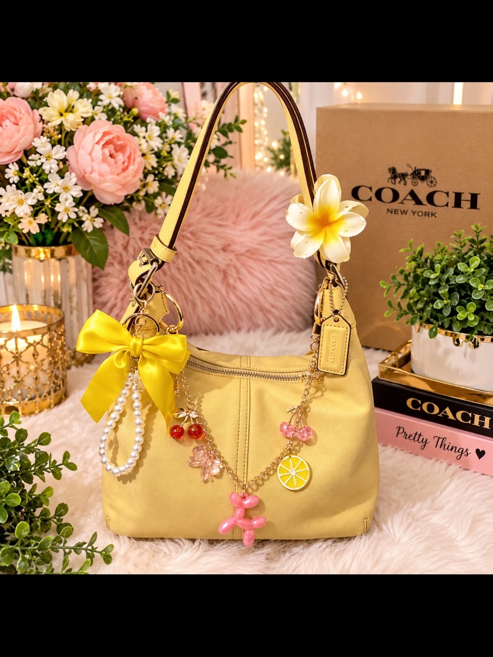 Rare vintage Coach Yellow Leather Shoulder Bag with Charm Accents